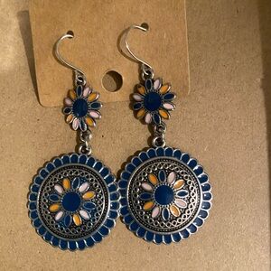 Floral Blue and Silver Dangle Earrings